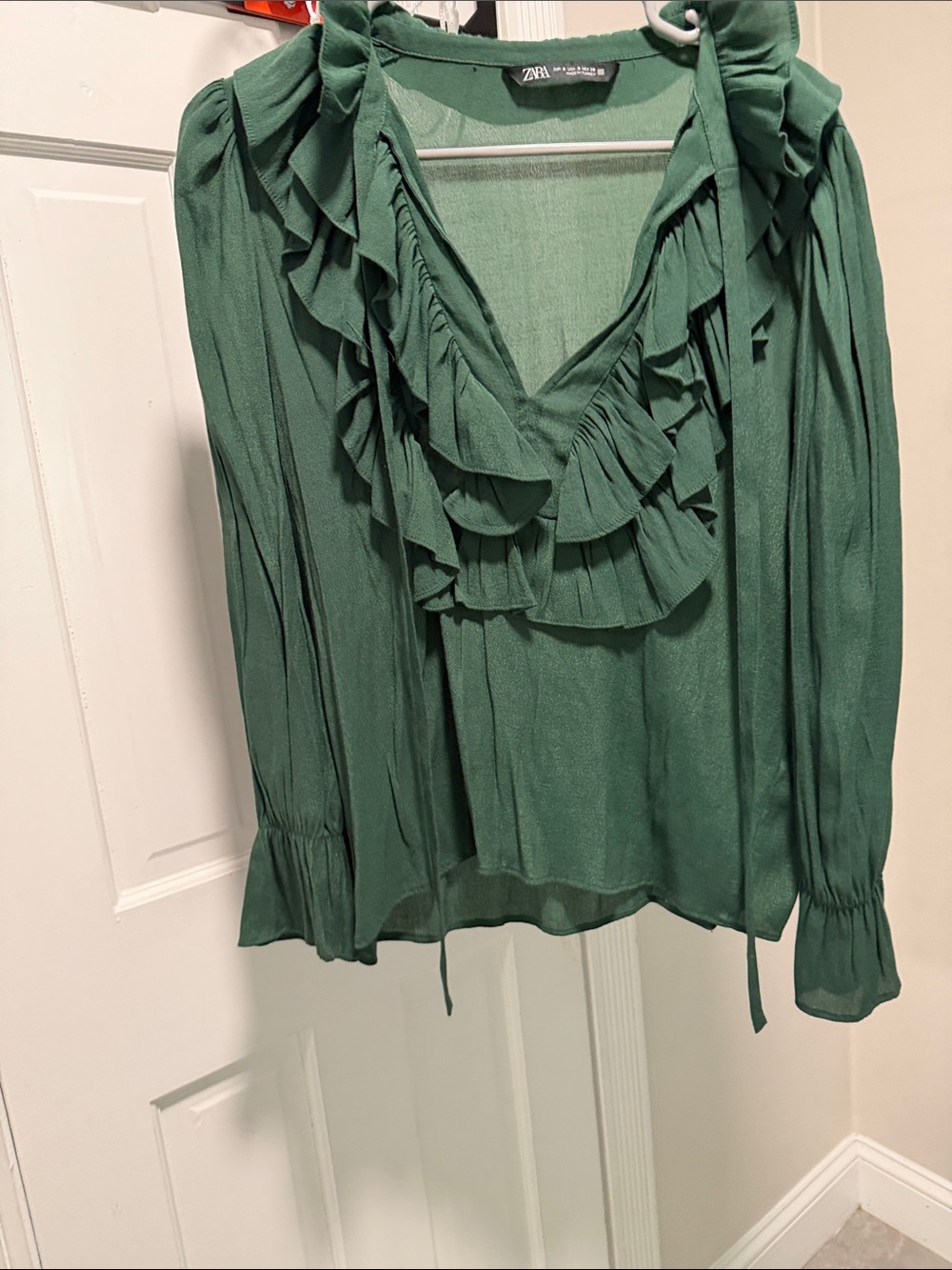 ZARA Forest Green Ruffle V-Neck Long Sleeve Blouse